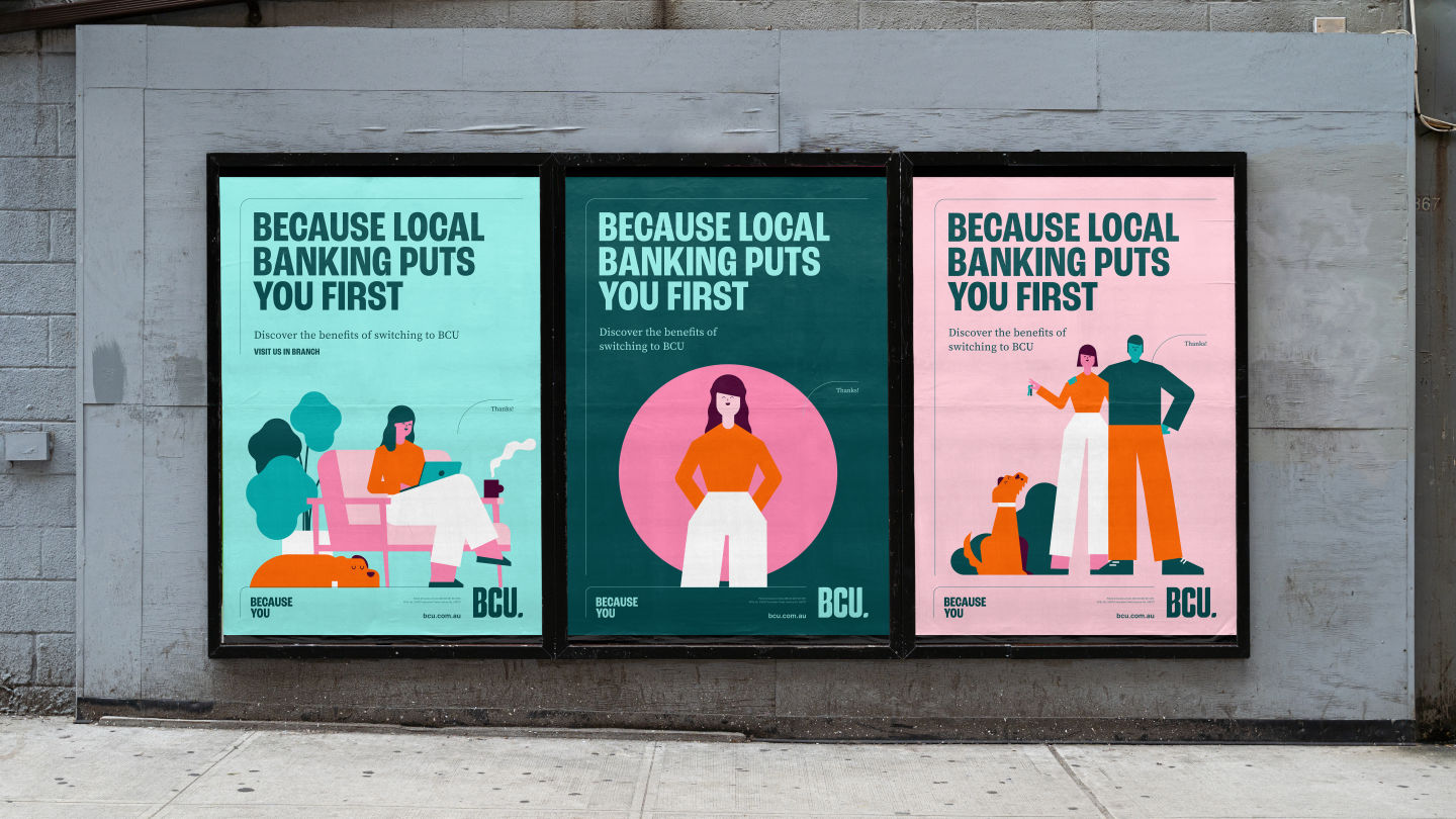 Three posters featuring custom illustrations and brand typography