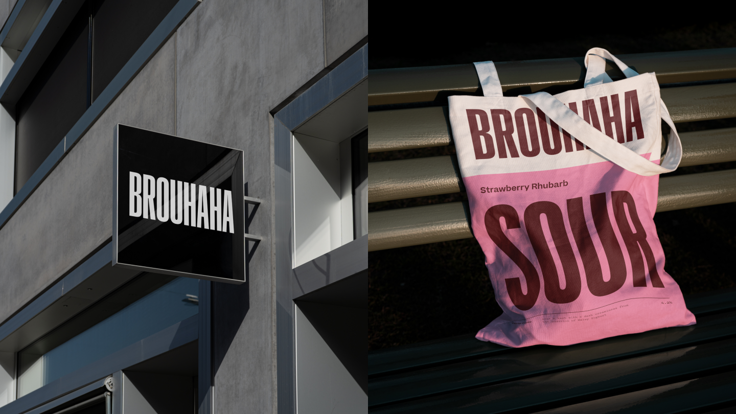 Brouhaha branding featured on a sign and tote bag