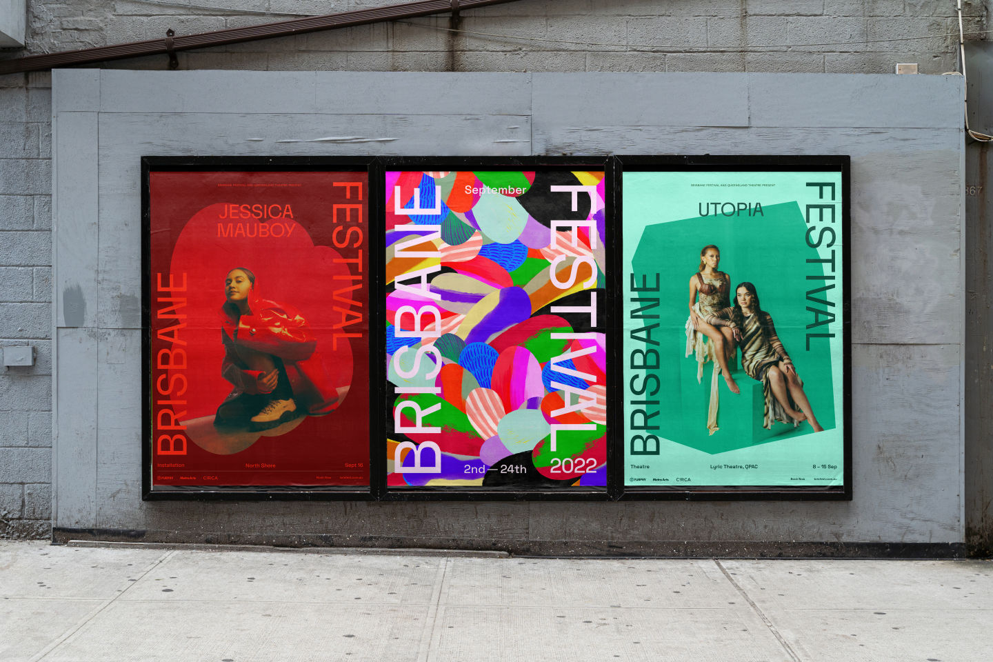 Examples of show posters designed as part of the Brisbane Festival rebrand